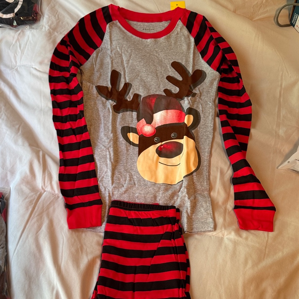 Festive Reindeer Kids Pajamas - Red and Black Stripes